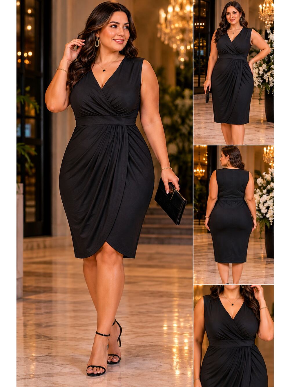 NWT Womens Plus Size Black Sleeveless V Neck Draped Wrap Sheath Dress Midi 3XL